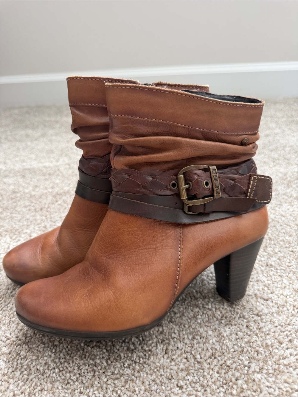 PIKOLINOS Cognac Brown Leather Braided Strap Ankle Booties 38 (7.5 US)